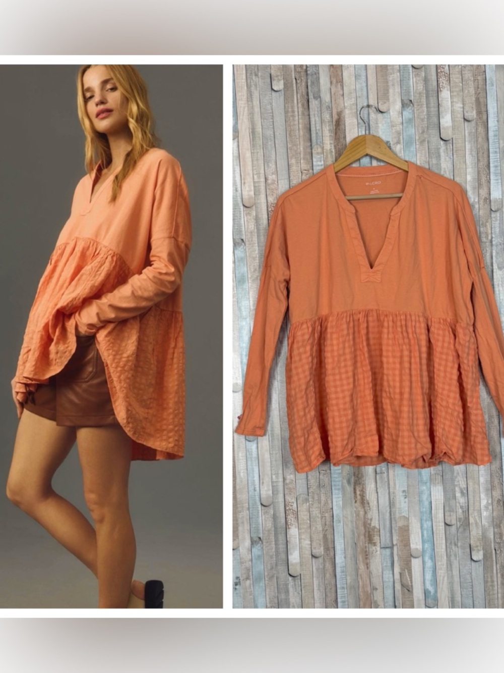 Anthropologie S Cotton‎ Babydoll Peplum Top Split Neck Gingham Oversized Peach